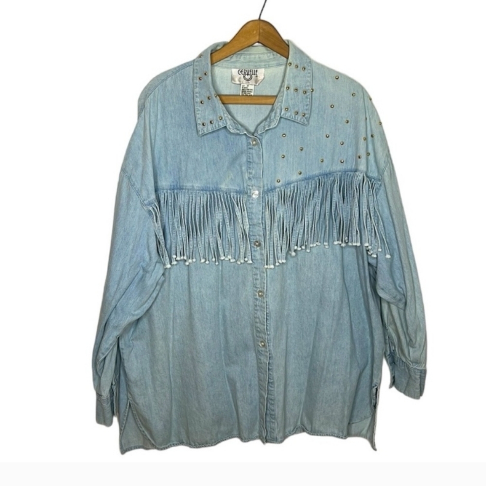 Vintage 90s Boho Fringe Western Rodeo Studded Cotton Denim Button Up Blouse